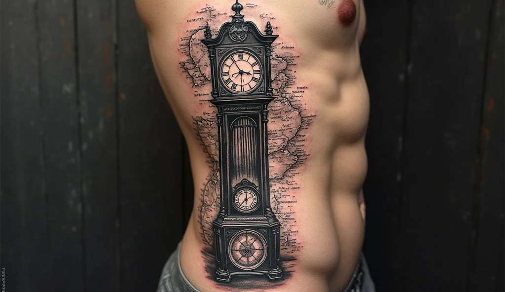 A combination tattoo of a detailed grandfather clock, a nautical compass, and an old map background, tattooed on the side of the ribs. Black and grey realism style with geographic textures, fine ink lines, shaded background, and faded time-worn effects. Tattooed skin texture and muscle curve visible, high quality.

