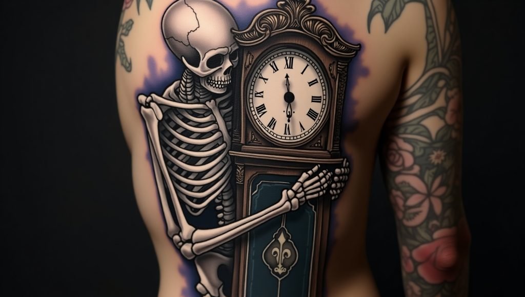 Detailed tattoo of a realistic skeleton gently holding a vintage grandfather clock, gothic shading, cracked clock glass, bone texture and ornate clock woodwork, full sleeve style.