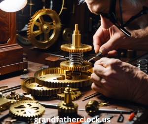 Technician replacing worn gears and mainspring in grandfather clock movement.