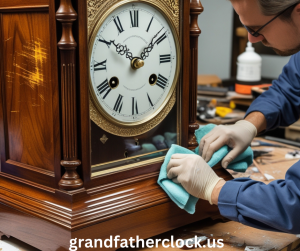 Technician restoring wooden case and replacing cracked glass of grandfather clock.