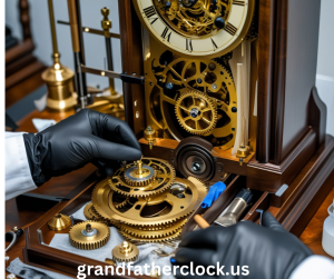 Technician overhauling grandfather clock movement with gears and cogs cleaned and reassembled.