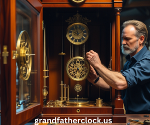 Technician adjusting brass pendulum and weights inside grandfather clock case.