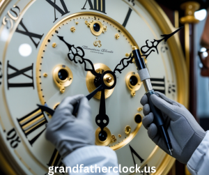 Technician calibrating grandfather clock dial for accurate timekeeping.
