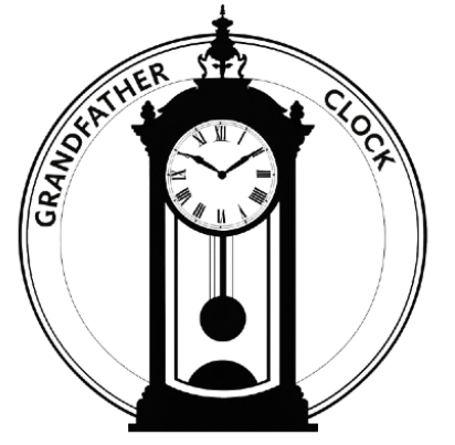 GrandfatherClock.us official logo featuring a classic black-and-white grandfather clock silhouette inside a circular frame with bold text