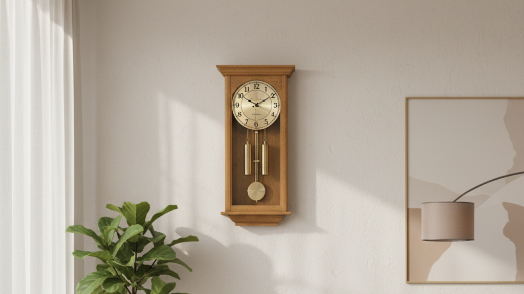 Stunning Bedford Classic Chiming Wall Clock in golden oak finish mounted on a living room wall, featuring a swinging pendulum with elegant modern décor, sofa, and plants.