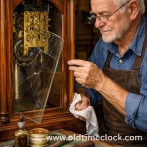 Technician replacing worn gears and mainspring in grandfather clock movement.