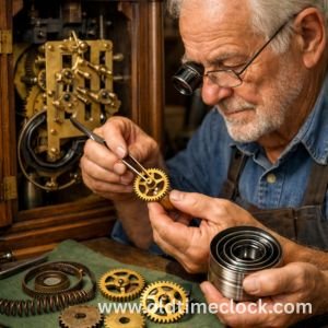 Technician replacing worn gears and mainspring in grandfather clock movement.